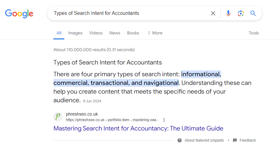 Featured Snippet - Phresh - Types Of Search Intent For Accountants